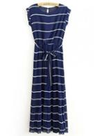 Rosewe Casual Style Round Neck Sleeveless Striped Ankle Length Dress