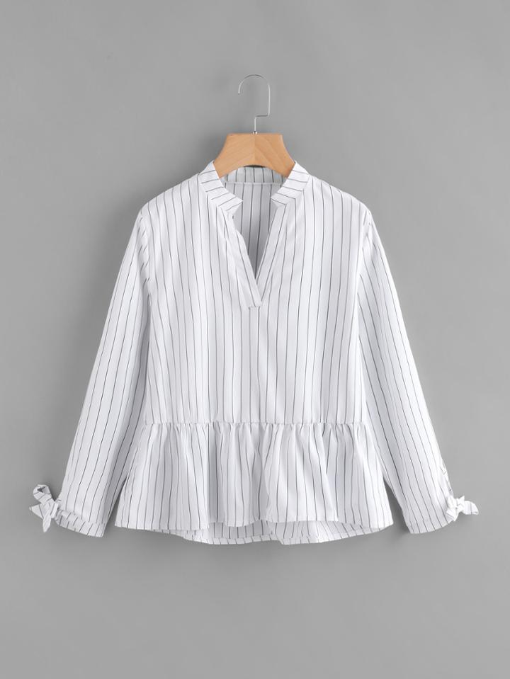 Shein Bow Tie Sleeve Frill Hem Striped Blouse