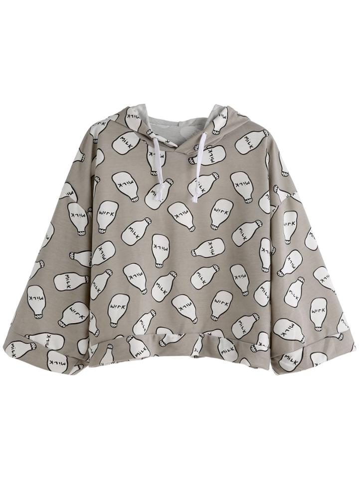 Shein Grey Milk Bottles Print Hooded Sweatshirt