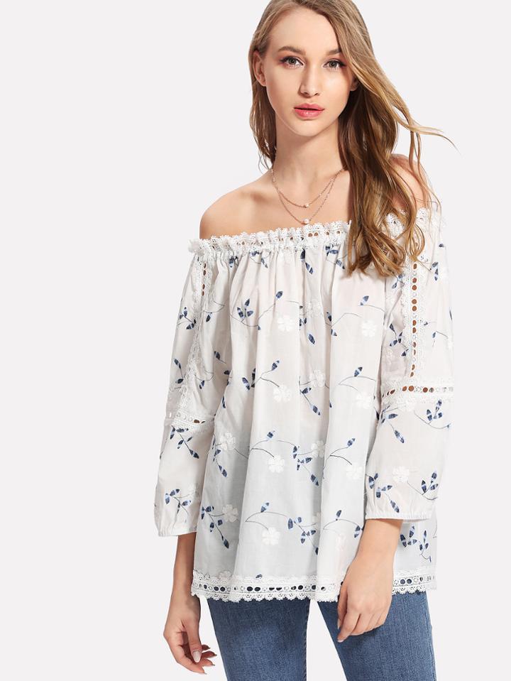 Shein Lace Crochet Trim Pointelle Bardot Blouse