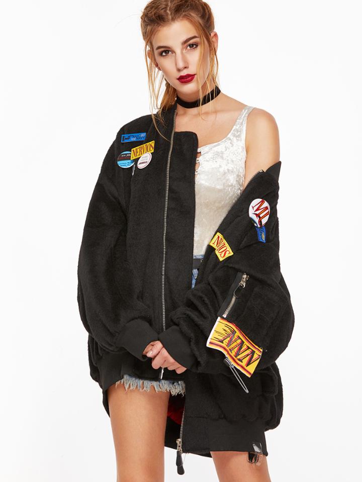 Shein Black Contrast Ribbed Drop Shoulder Embroidered Patch Jacket
