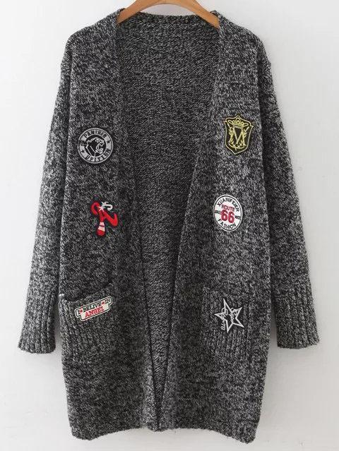 Shein Black Marled Knit Patch Long Cardigan With Pockets