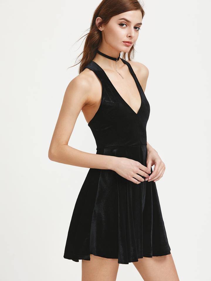 Shein Plunging V-neckline Criss Cross Neck Velvet A Line Dress