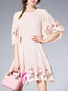 Shein Pink Puff Sleeve Hollow Embroidered A-line Dress