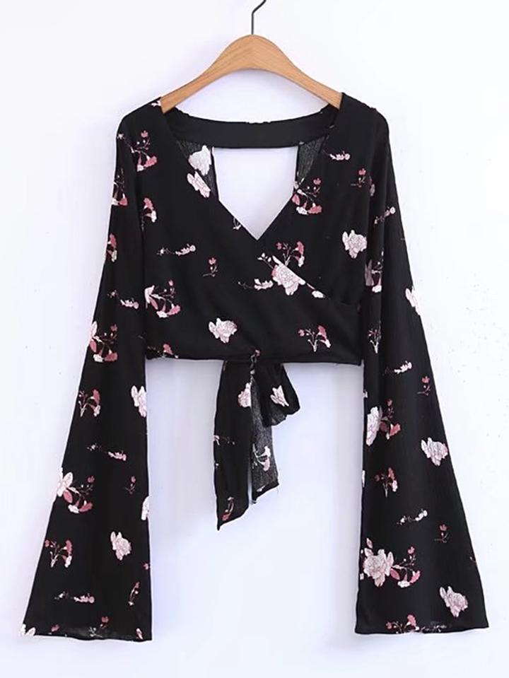 Shein Surplice Bell Sleeve Knot Open Back Top