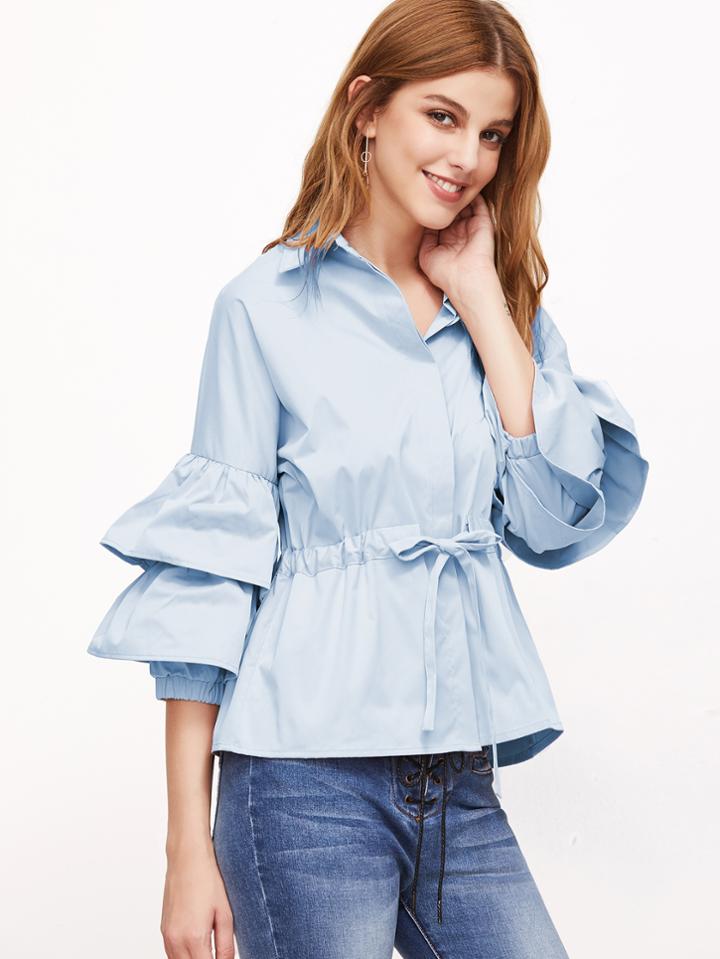Shein Layered Fluted Sleeve Drawstring Waist Blouse