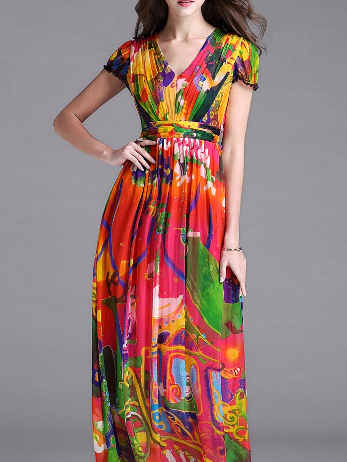 Shein Multicolor V Neck Print Maxi Dress