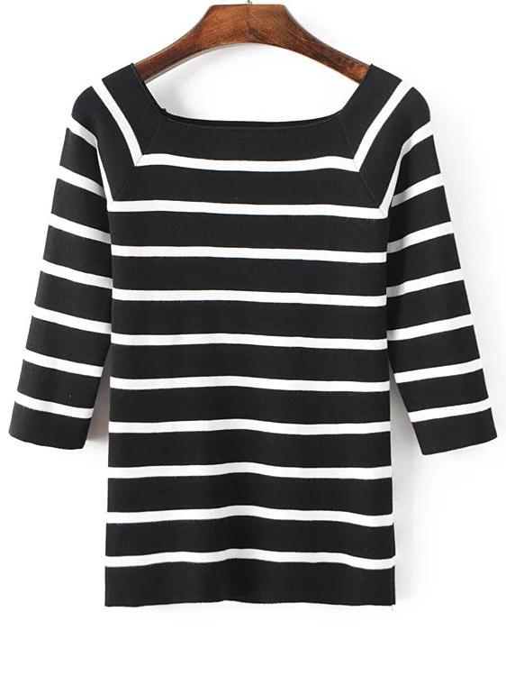Shein Black Striped Square Neck Raglan Sleeve Knitwear