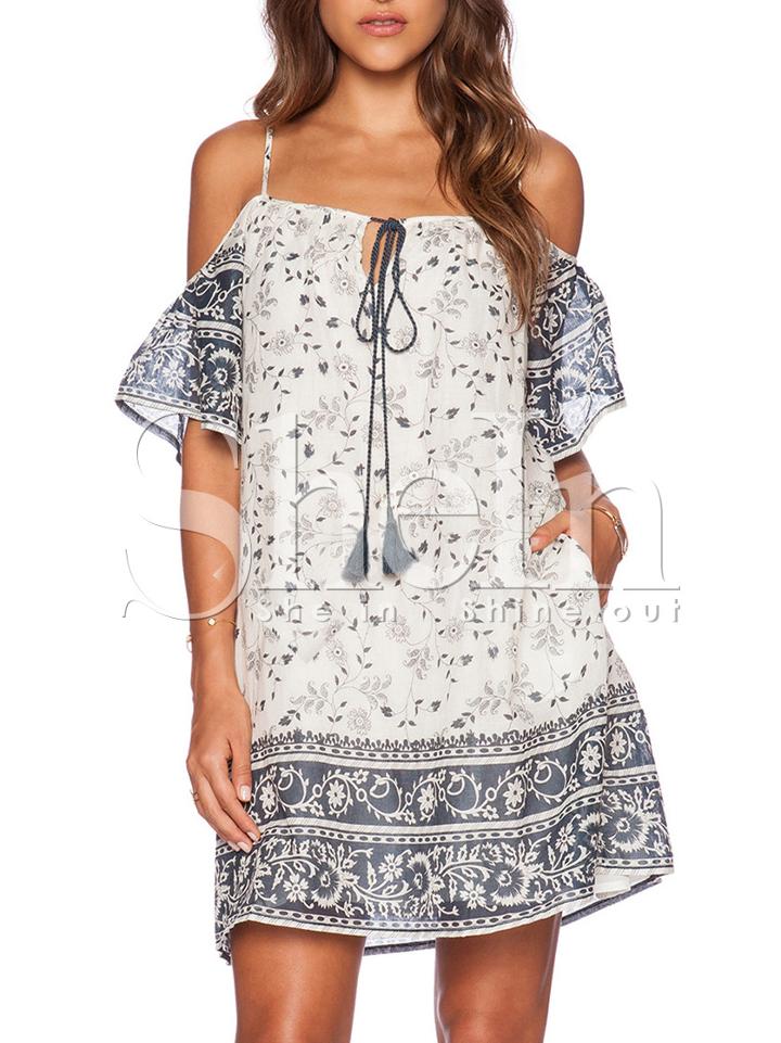 Shein Beige Spaghetti Strap Vintage Print Dress