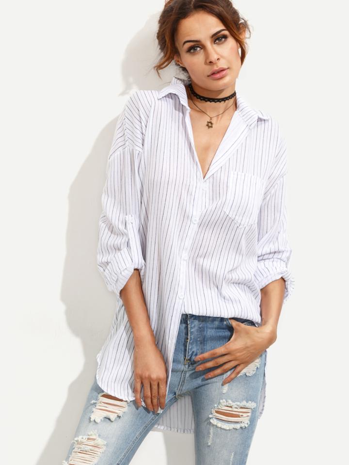 Shein Navy Vertical Striped Drop Shoulder Roll Sleeve Blouse