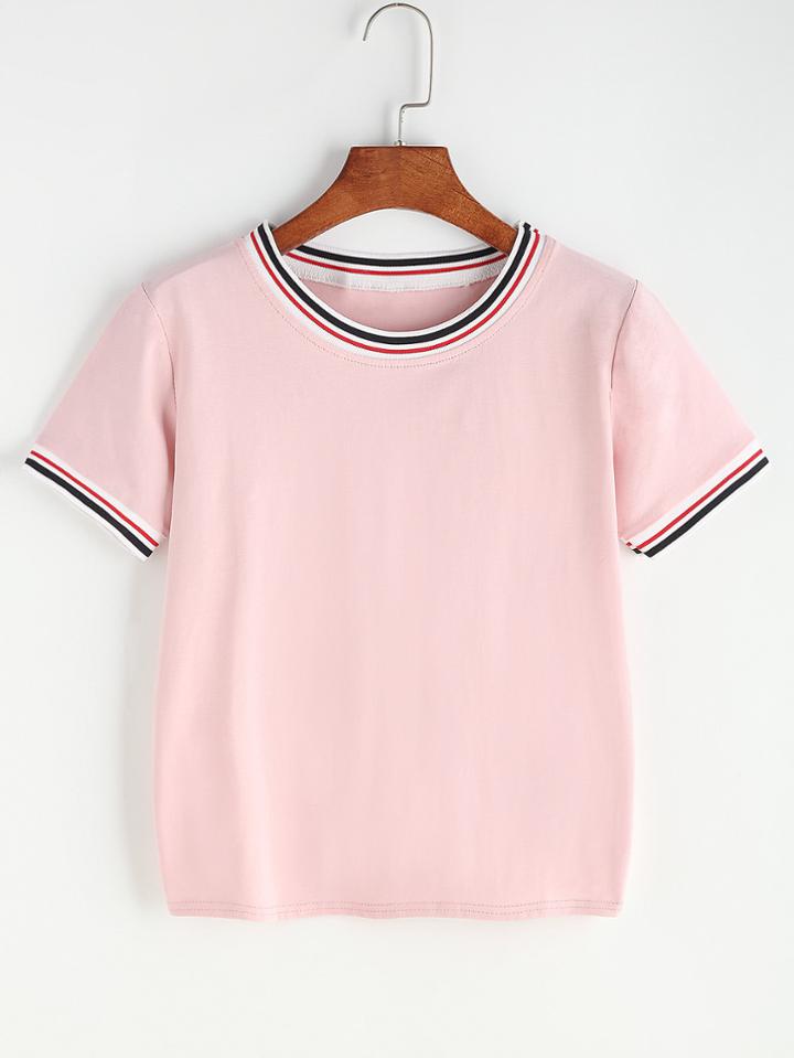 Shein Contrast Striped Trim Tee