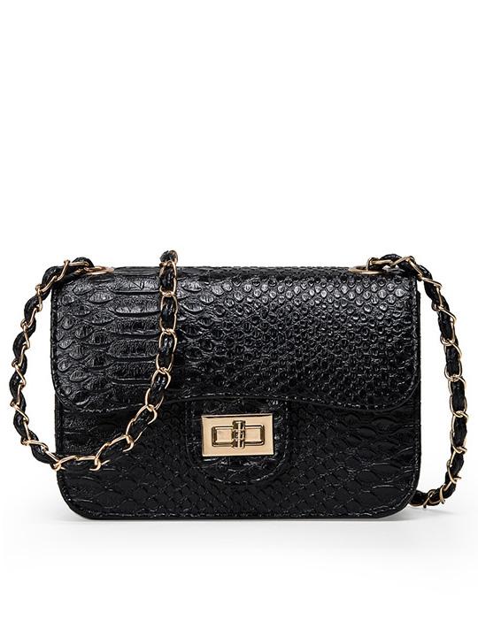 Shein Faux Crocodile Embossed Leather Turnlock Flap Bag - Black