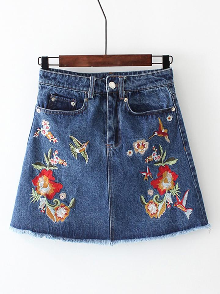 Shein Flower Embroidery Frayed Edge Denim Skirt
