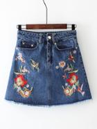 Shein Flower Embroidery Frayed Edge Denim Skirt