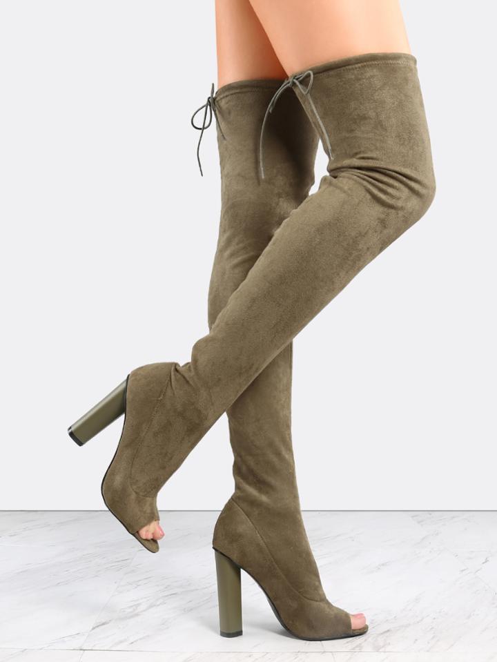 Shein Olive Green Suede Peep Toe Chunky Heel Over The Knee Boots