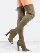 Shein Olive Green Suede Peep Toe Chunky Heel Over The Knee Boots