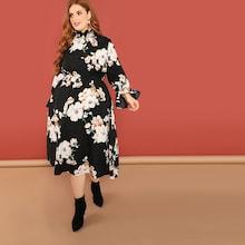 Shein Plus Ruffle Cuff Floral Dress