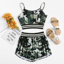 Shein Striped Trim Camo Cami Top With Shorts