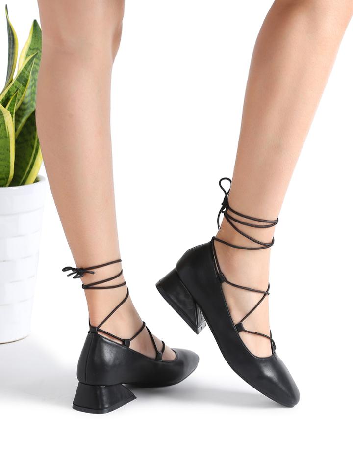 Shein Black Lace Up Chunky Heeled Pu Shoes