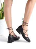 Shein Black Lace Up Chunky Heeled Pu Shoes