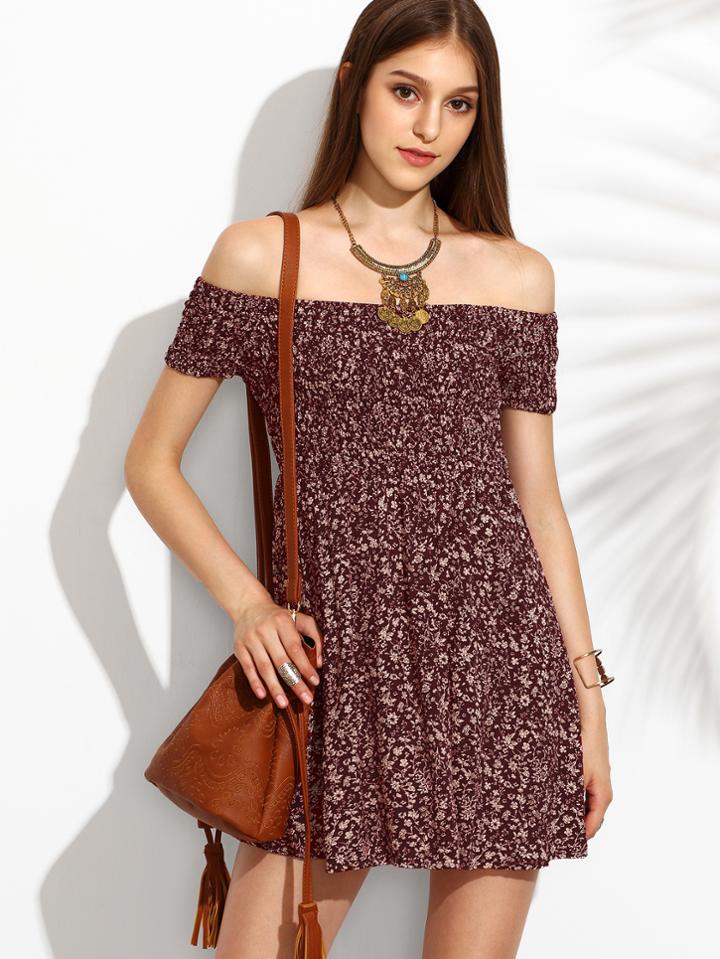 Shein Burgundy Floral Print Off The Shoulder Flare Dress
