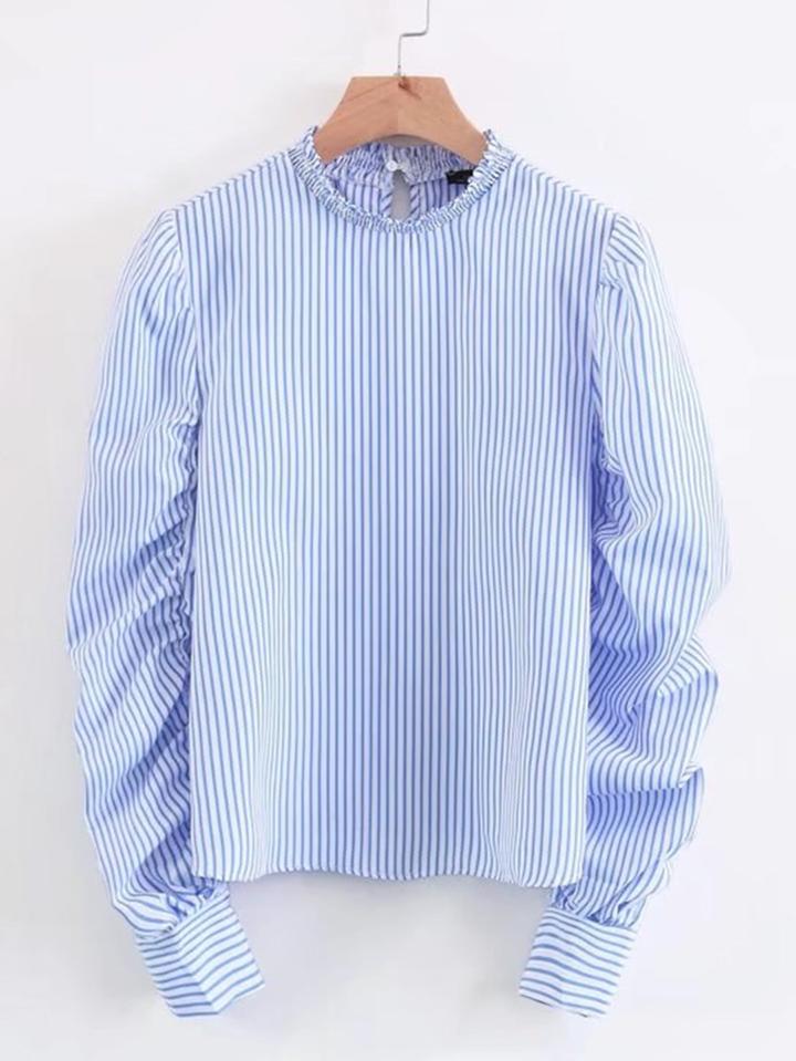 Shein Ruched Sleeve Vertical Striped Blouse