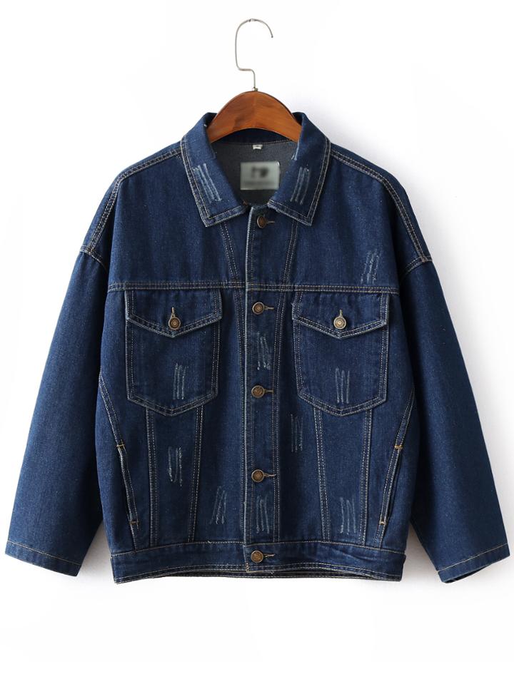 Shein Navy Lapel Buttons Front Pocket Jacket