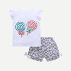 Shein Girls Frill Lollipop Print Tee With Calico Print Shorts