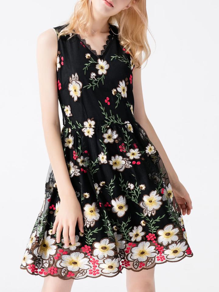 Shein V Neck Gauze Flowers Embroidered Dress