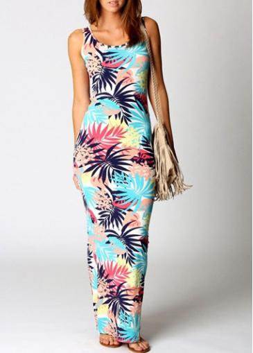 Rosewe Sleeveless Leaf Print Round Neck Maxi Dress
