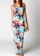 Rosewe Sleeveless Leaf Print Round Neck Maxi Dress