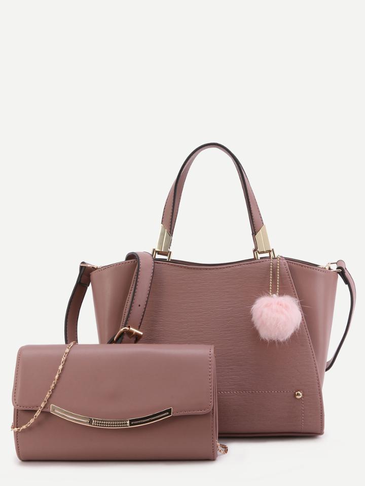Shein Cameo Brown Pu Pom Pom Trim Convertible Handbag With Chain Bag