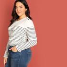 Shein Plus Buttoned Shoulder Striped Tee