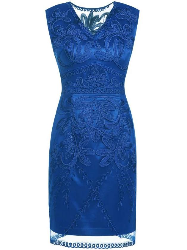 Shein Blue V Neck Disc Flowers Gauze Dress