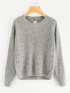 Shein Beading Detail Buttoned Keyhole Back Sweater