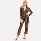 Shein Striped Belted Blazer With Pants