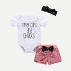 Shein Girls Letter Print Romper & Bow Detail Sequin Shorts & Headband