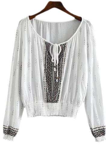 Shein White Long Sleeve Elastic Hem Tie Neck Print Blouse