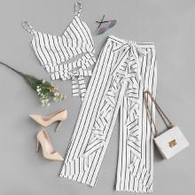 Shein Lace Up Back Striped Cami Top With Ruffle Pants