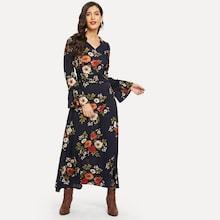 Shein Floral Print Ruffle Flounce Sleeve Longline Dress