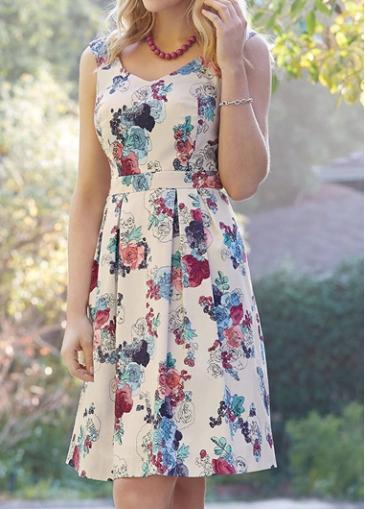 Rosewe Flower Print Round Neck Sleeveless Pleated Dress