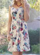 Rosewe Flower Print Round Neck Sleeveless Pleated Dress