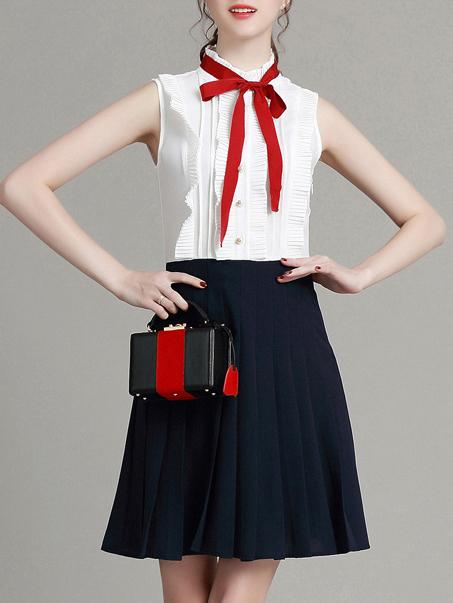 Shein White Tie Neck Ruffle Pleated Dress