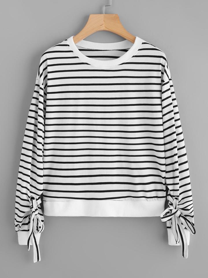 Shein Grommet Tie Sleeve Striped Tee