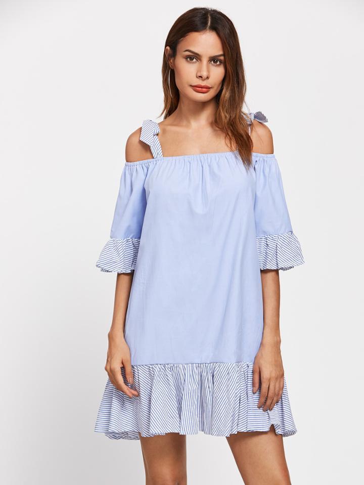 Shein Contrast Striped Frill Trim Tie Detail Dress