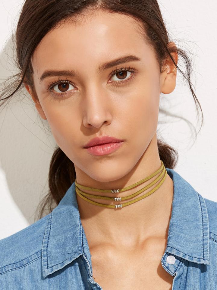 Shein Green Triple Strand Beaded Cord Choker Necklace