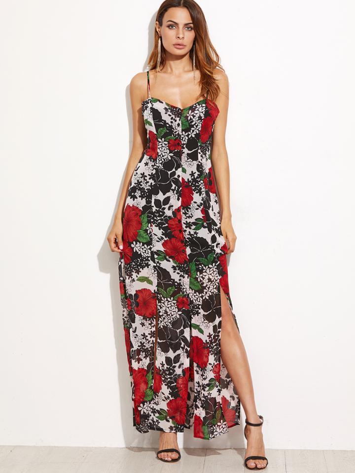 Shein Black Floral Spaghetti Strap Split Dress