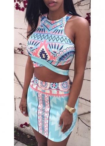 Rosewe Cutout Back Crop Top And Printed Skirt