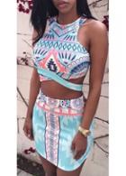 Rosewe Cutout Back Crop Top And Printed Skirt