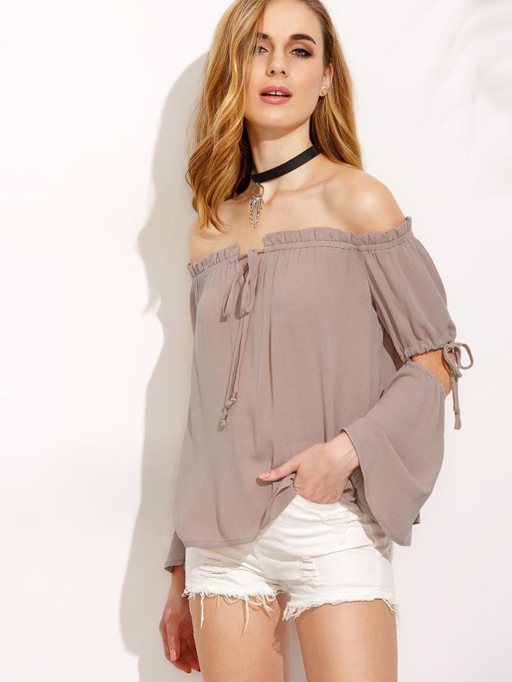 Shein Light Brown Off The Shoulder Cut Away Sleeve Blouse